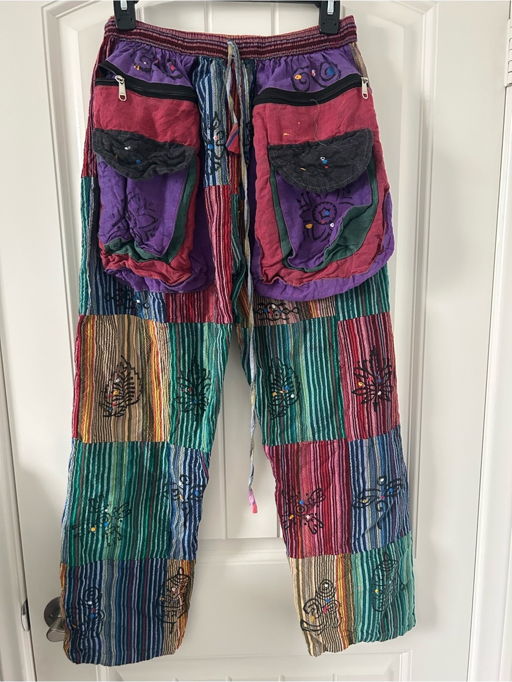 Patchwork Hippy Cotton Festival Trouser Boho Straight Leg Pants with Pockets